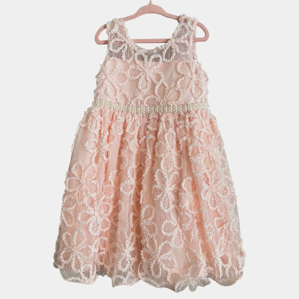 American Princess Pink Floral Pearl‎ Rhinestone Waist Sleeveless Dress 4 Kids